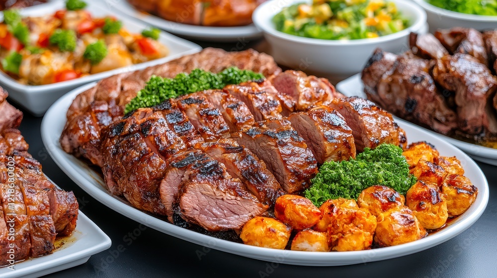 Fototapeta premium Grilled Pork Tenderloin with Roasted Potatoes and Broccoli