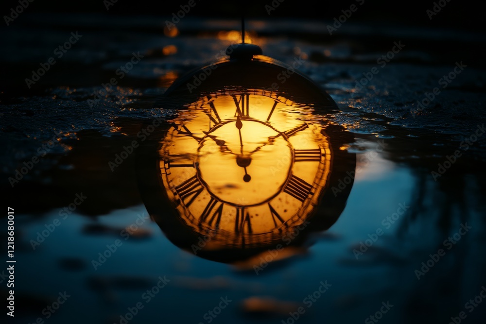 custom made wallpaper toronto digitalA close-up shot of a clock reflecting in water, showcasing its intricate details and warm golden hues.