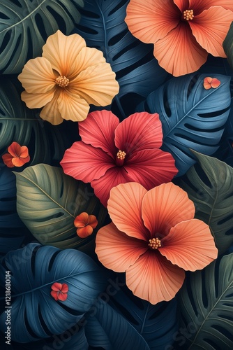 Vibrant Caribbean-inspired floral pattern featuring colorful hibiscus and lush green leaves