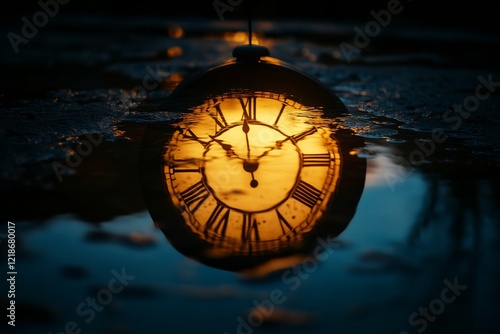 Wallpaper Mural A close-up shot of a clock reflecting in water, showcasing its intricate details and warm golden hues. Torontodigital.ca