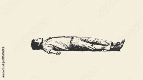Man lying supine on ground, monochrome sketch.