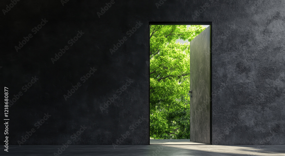 A dark, minimalist room features an open door that leads to a lush, green environment, creating a striking contrast between indoors and outdoors. Sunlight streams through, enhancing the scenery. A dark, minimalist room features an open door that leads to a lush, green environment, creating a striking contrast between indoors and outdoors. Sunlight streams through, enhancing the scenery.