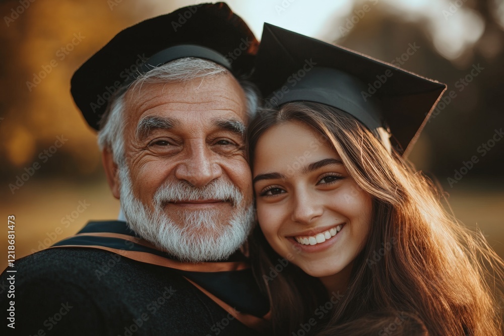 Fototapeta premium Smiles of achievement shared between a proud grandfather and his cheerful granddaughter on graduation day in a sunny park