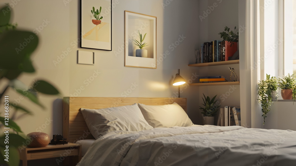 Fototapeta premium Cozy bedroom with a wooden bed, soft blankets, decorative pillows, plants, and framed art on the walls near natural light from large windows.