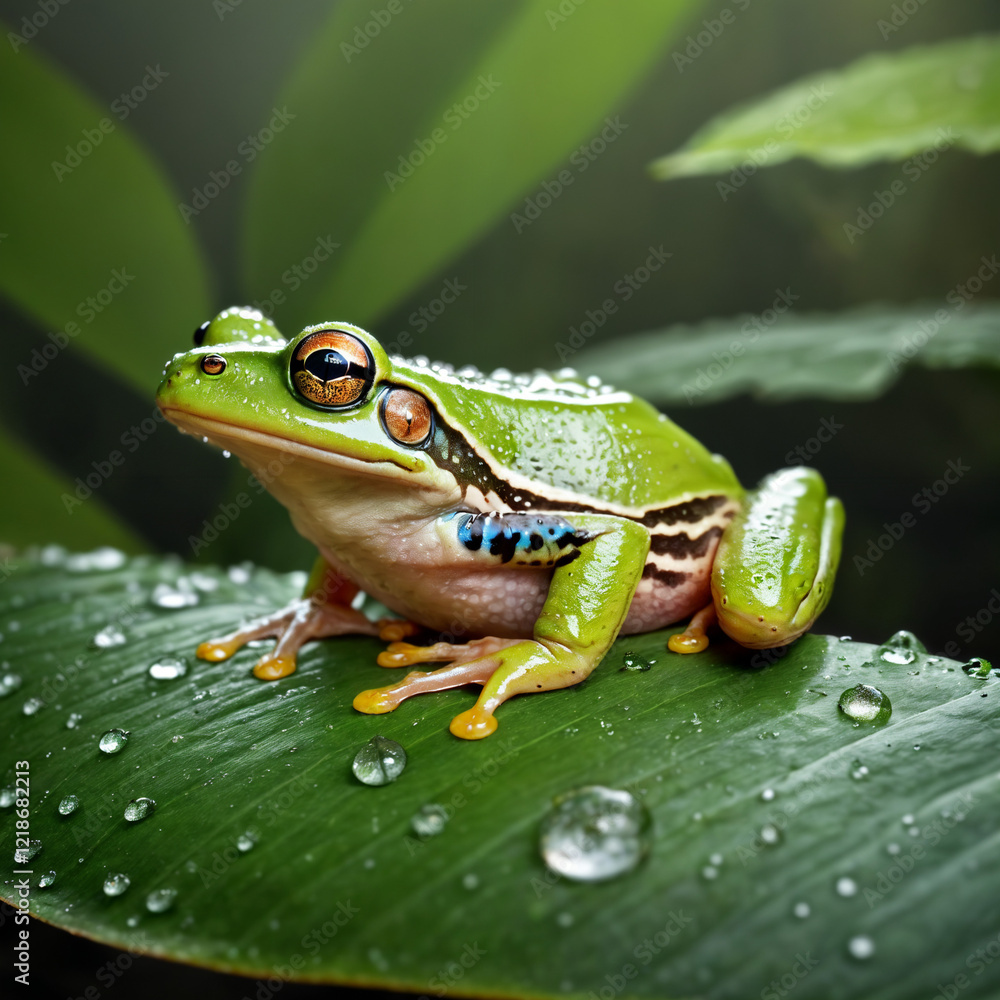 Obraz premium A vibrant frog resting gracefully on a dew-kissed leaf in a lush jungle
