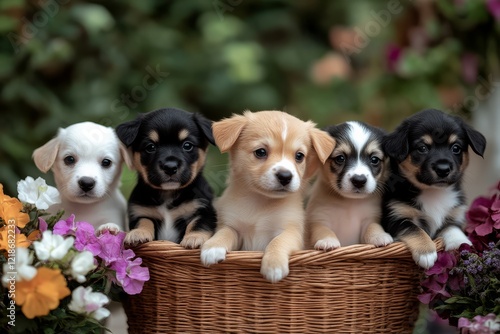 Five adorable puppies sitting in a wicker basket, surrounded by colorful flowers, creating a charming and heartwarming scene. photo