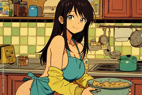 Anime Girl Cooking in a Retro Kitchen photo