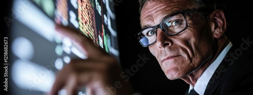 Businessman Analyzing Financial Data Displayed on Digital Screen in Dark Environment