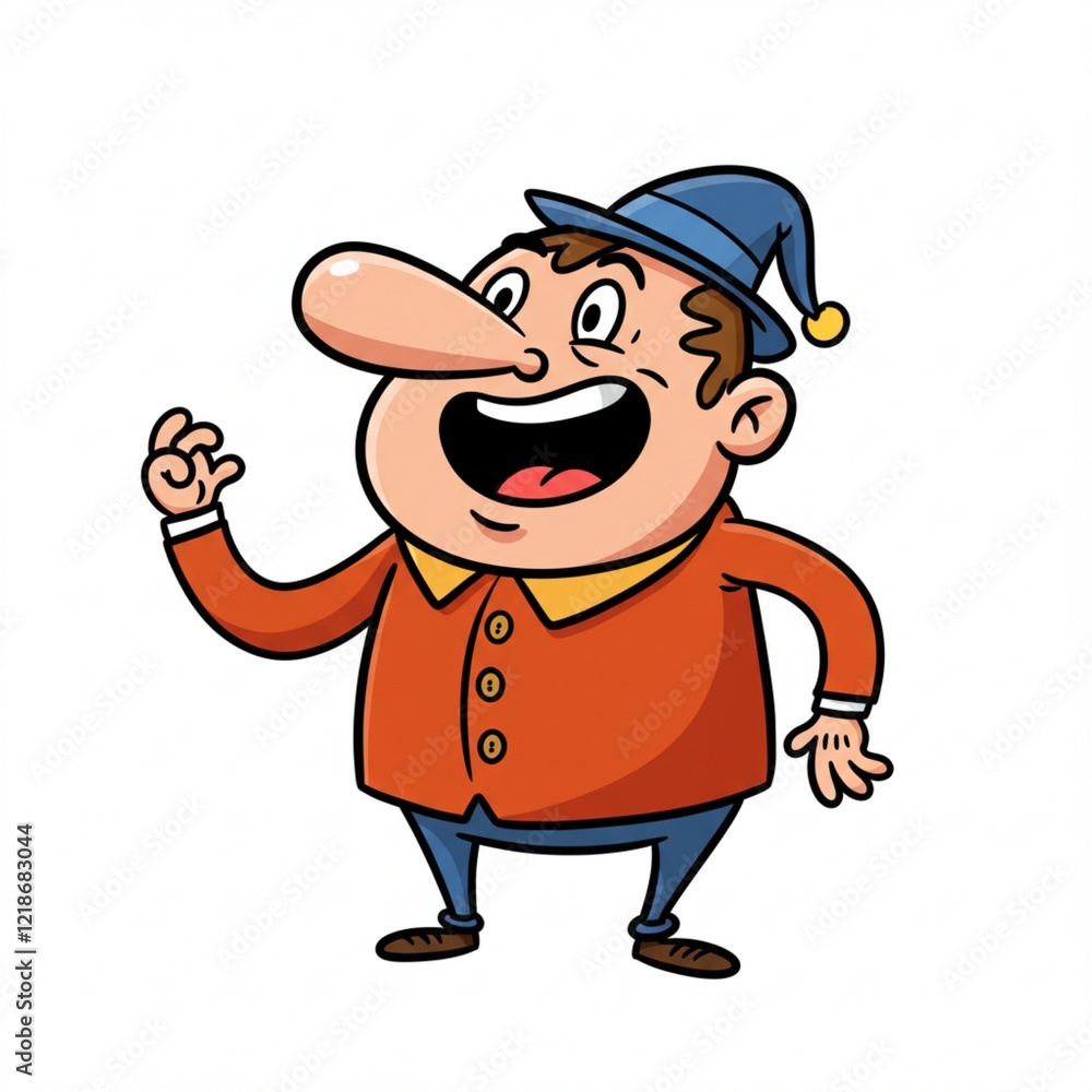 Jolly Cartoon Man with Big Nose Orange Shirt and Blue Hat Joyful Expression Jolly Cartoon Man with Big Nose Orange Shirt and Blue Hat Joyful Expression
