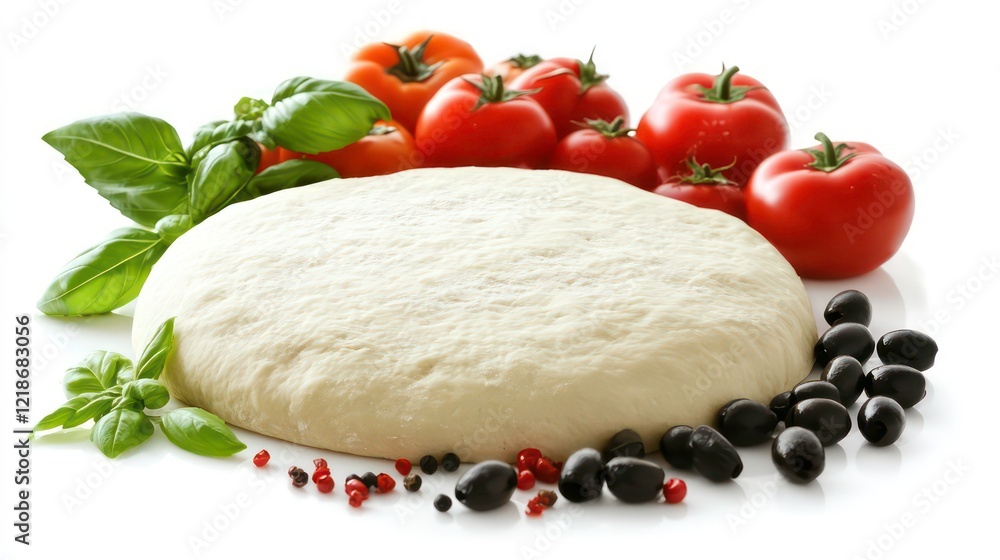 Fresh pizza dough surrounded by assorted toppings like tomatoes, peppers, olives, and basil, on a white background