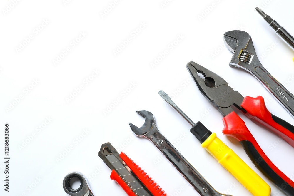 Set of tools on white background, top view Set of tools on white background, top view