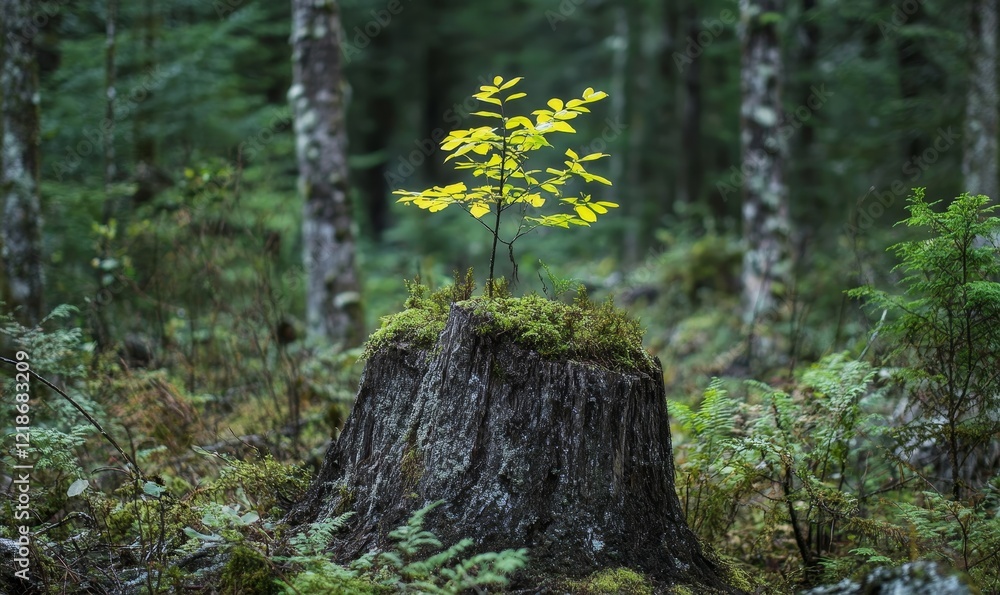 Continuity of Life: Young Tree Sprouting from Old Stump, Generative AI Continuity of Life: Young Tree Sprouting from Old Stump, Generative AI