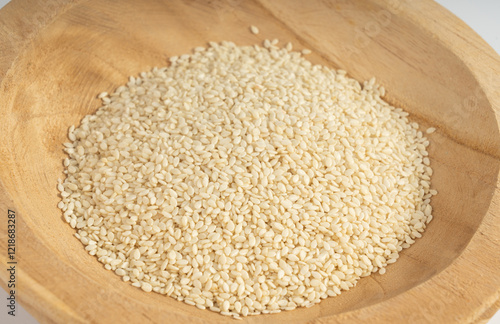 Sesame seeds, white small benne grains, Sesamum indicum fruits photo