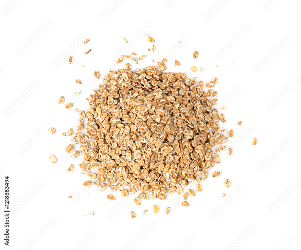 Spelt flakes isolated, dry raw rolled flat oat grains, wheat, oatmeal or bran, barley rye cereals Spelt flakes isolated, dry raw rolled flat oat grains, wheat, oatmeal or bran, barley rye cereals
