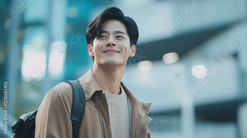 A cinematic shot of a happy Asian male, 27 years old, dressed in earth-tone colors, standing confidently against a modern background. photo