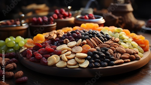 A vibrant market scene featuring an assortment of dried fruits, nuts, and olives, showcasing fresh and healthy snacks with various colors and textures photo