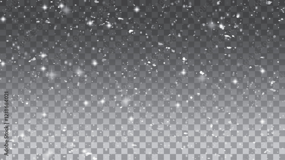 Falling snow particles blurred in motion on dark transparent background. Christmas snow dust. Vector illustration.