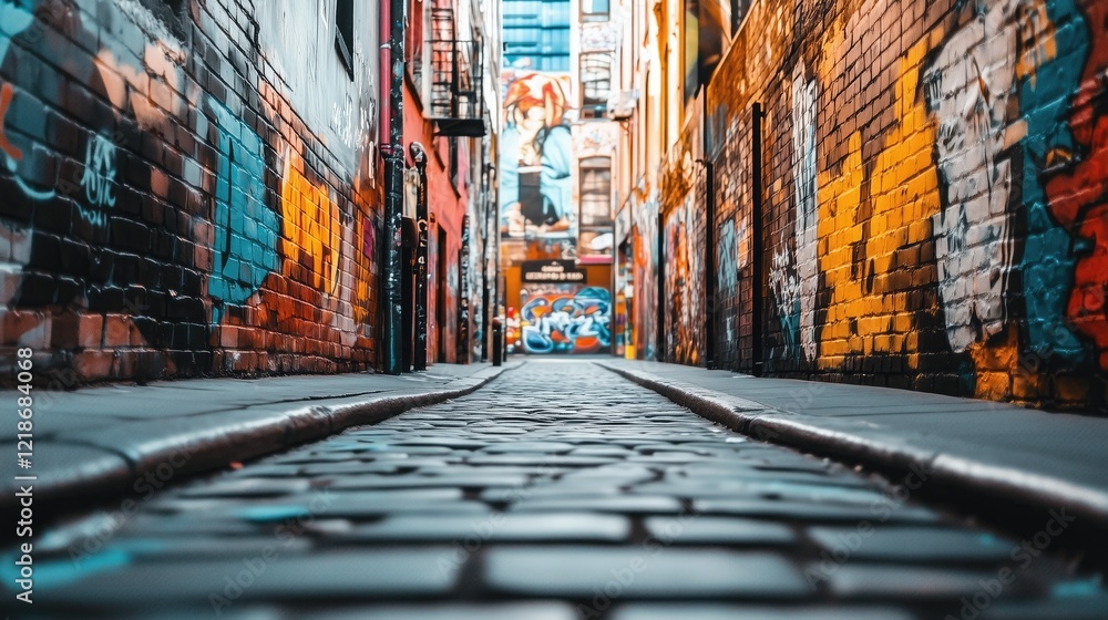 Fototapeta premium Colorful street art on a brick wall in an urban alley - generated AI