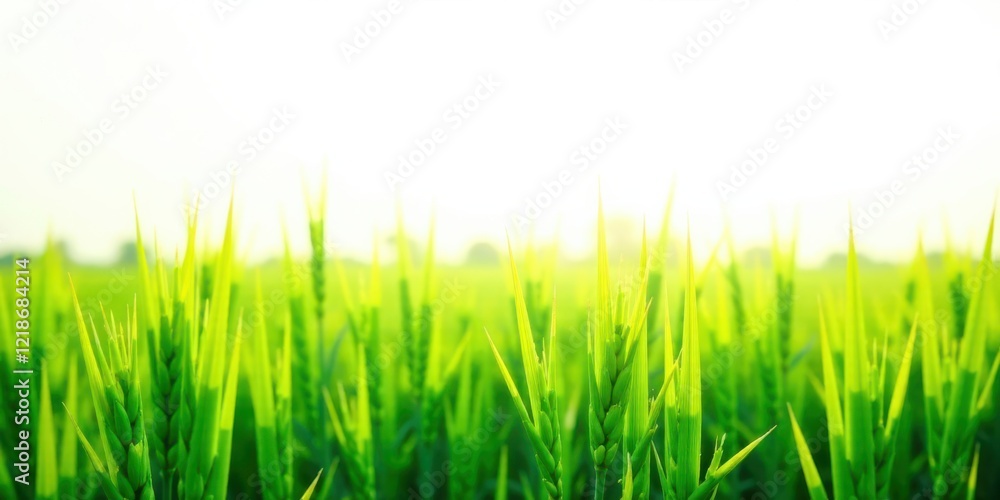Fototapeta premium Vibrant Green Field of Immature Cereal Crops Basking in the Warm Sunlight of a Sunny Day