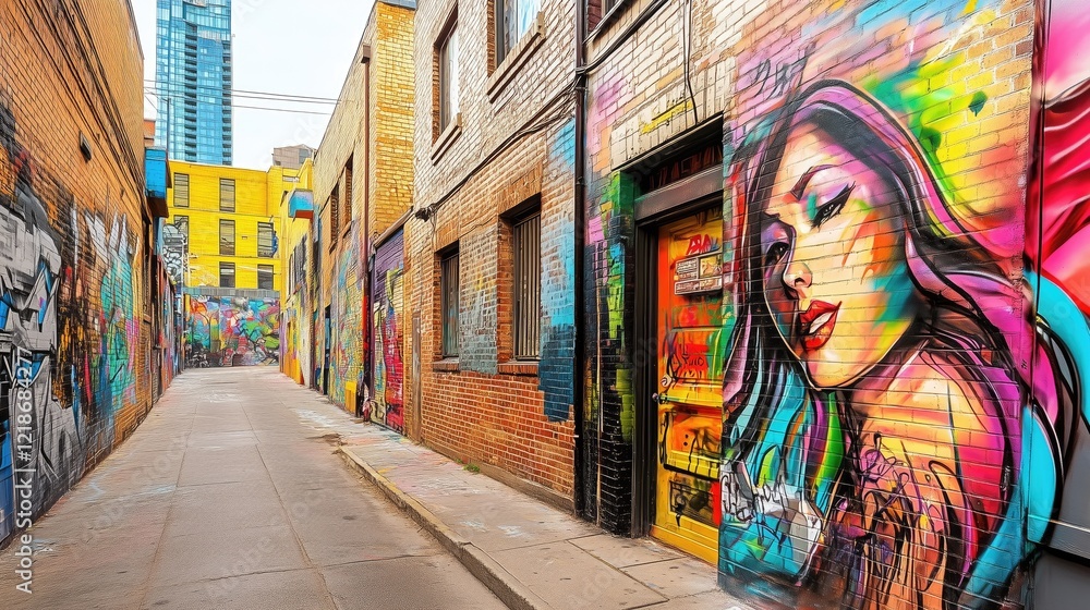 Fototapeta premium Colorful street art on a brick wall in an urban alley - generated AI
