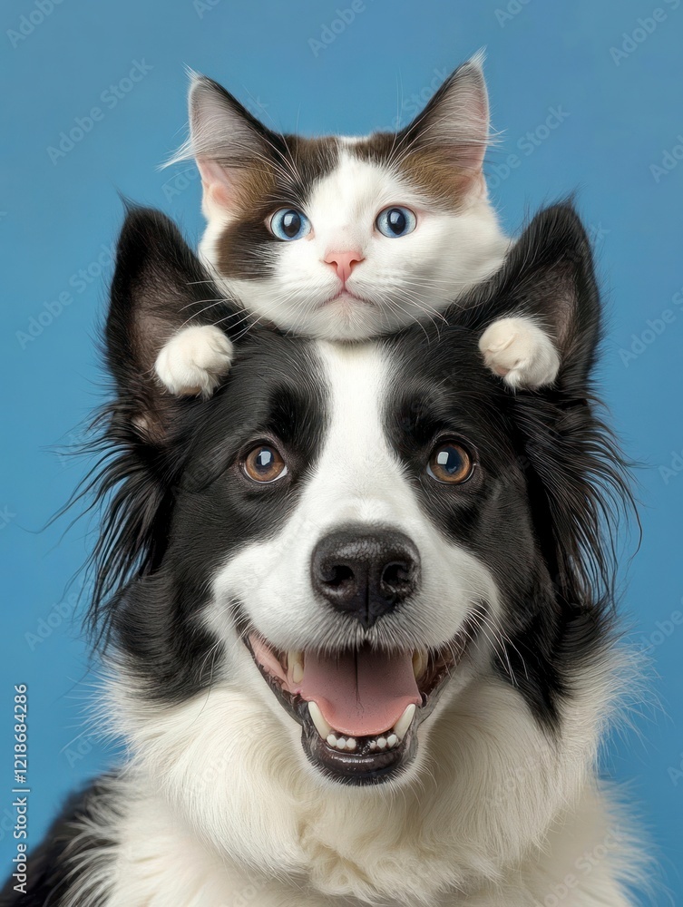 Adorable Kitten on Border Collie Dog Head Fun Photo Adorable Kitten on Border Collie Dog Head Fun Photo