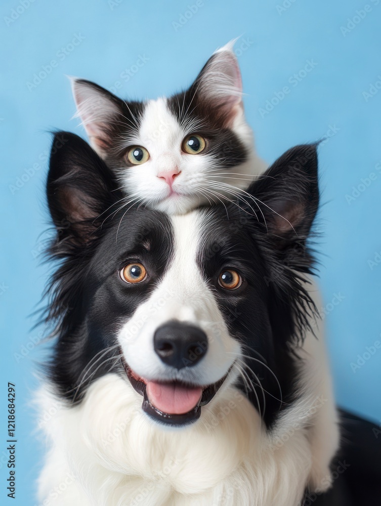 Adorable Kitten on Border Collie Dog Head Happy Pets Photo Adorable Kitten on Border Collie Dog Head Happy Pets Photo