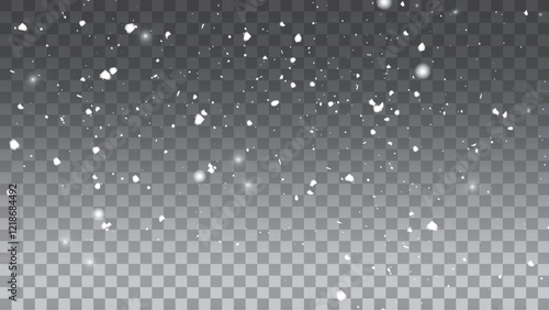 White snowflakes on a transparent background. Snow flakes, snow background. Heavy snowfall, snowflakes in different shapes and forms.