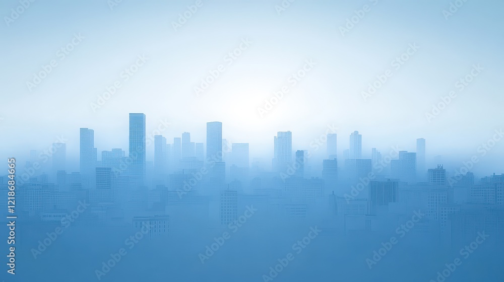 A hazy blue cityscape skyline showing many buildings A hazy blue cityscape skyline showing many buildings