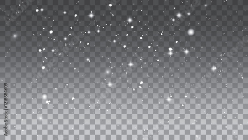 White snowflakes on a transparent background. Snow flakes, snow background. Heavy snowfall, snowflakes in different shapes and forms.