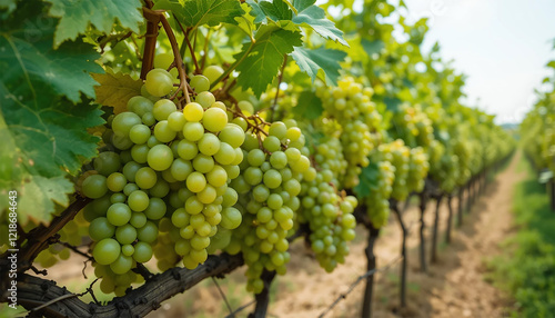 Wallpaper Mural Lush green vineyard with ripe grapes hanging from the vines, representing the fruitful growth of the grape harvest. Torontodigital.ca
