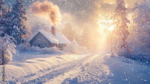 Country cottage with smoke rising from the chimney and snow falling - generated AI
