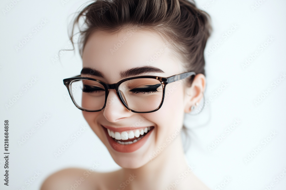 Young Woman With Glasses Expresses Joy While Smiling Against a Plain Background Young Woman With Glasses Expresses Joy While Smiling Against a Plain Background