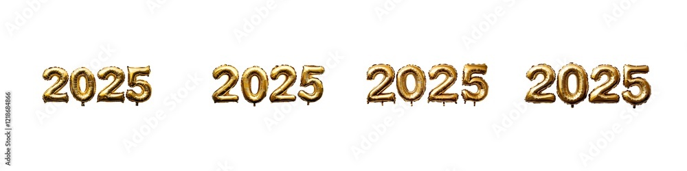 Set of gold foil balloons in the shape of numbers 2025, isolated on transparent background Set of gold foil balloons in the shape of numbers 2025, isolated on transparent background