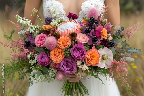 Elegant Bridal Bouquet with Vibrant Roses and Protea for Wedding Inspiration photo