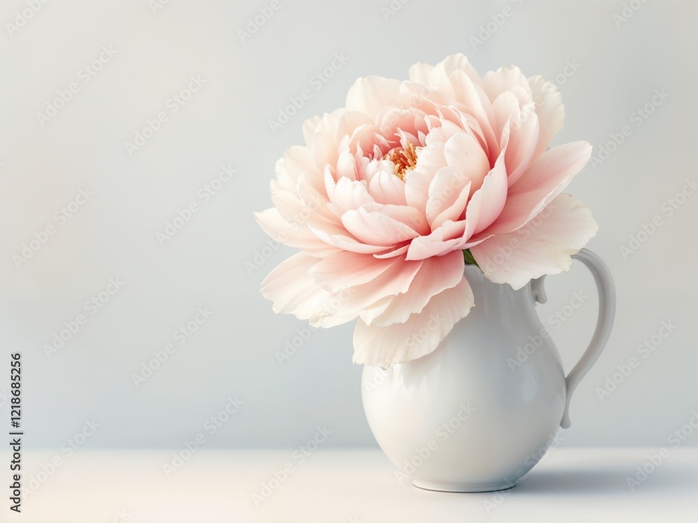 Obraz premium Pink peony flower in a white pearl pitcher, elegant floral arrangement