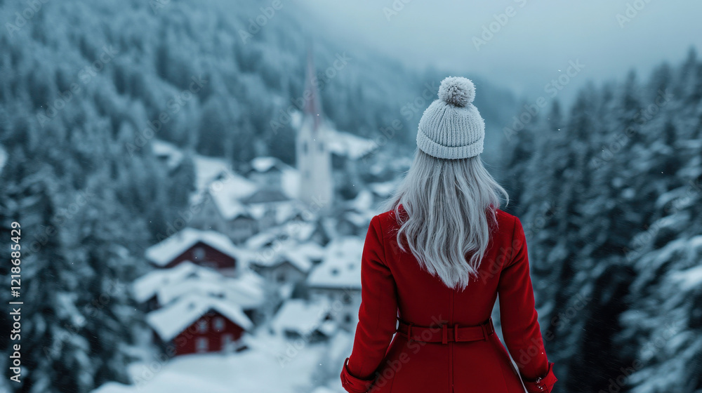 Dreamy Snowy Village View with Woman in Red Coat on Hill in Austria: Snowy Valentines Day Aesthetics Dreamy Snowy Village View with Woman in Red Coat on Hill in Austria: Snowy Valentines Day Aesthetics