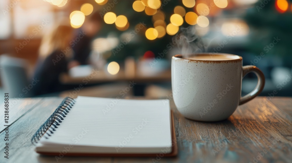 Obraz premium Cozy Coffee Moment with Notebook and Holiday Lights in a Warm Cafe Atmosphere