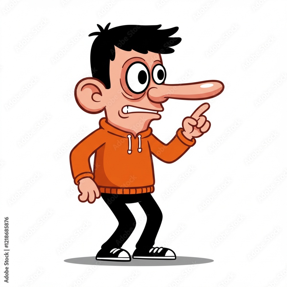 Cartoon Illustration of a Boy with a Long Nose Pointing and Looking Suspicious Cartoon Illustration of a Boy with a Long Nose Pointing and Looking Suspicious