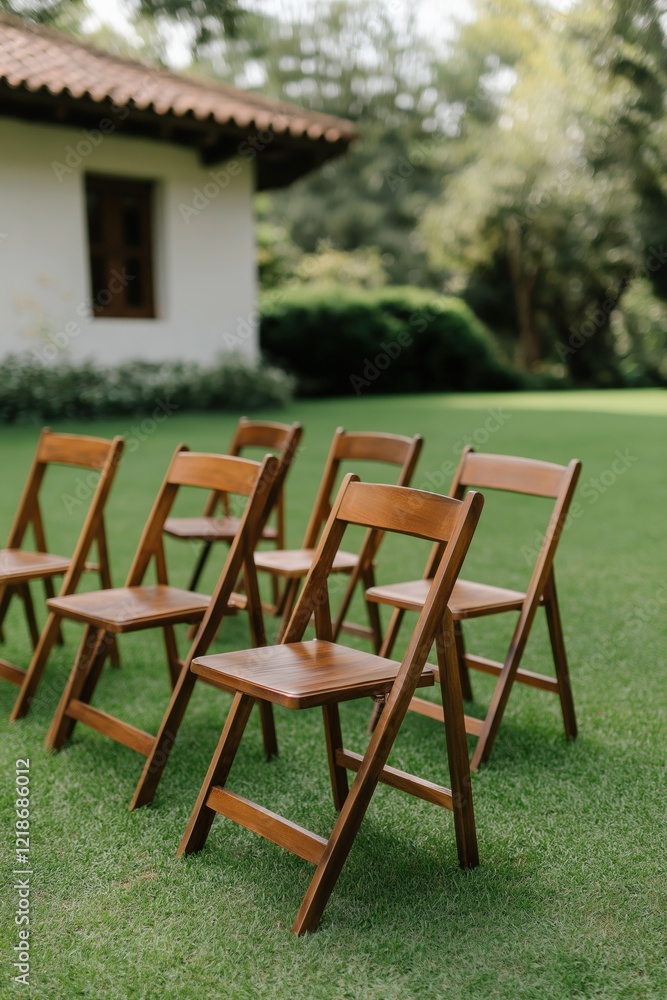 Fototapeta premium A row of wooden chairs are set up in a grassy field. The chairs are arranged in a neat row, with each chair facing the same direction. The chairs are empty, and the field is lush and green