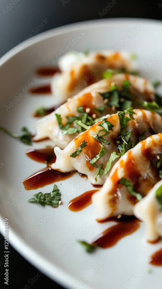 Colorful arrangement of dumplings on a plate with vibrant sauces and fresh greens creating a playful culinary display Colorful arrangement of dumplings on a plate with vibrant sauces and fresh greens creating a playful culinary display