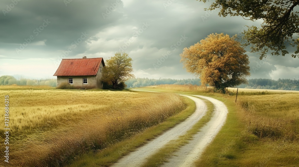 Country road leading to a small farmhouse - generated AI Country road leading to a small farmhouse - generated AI