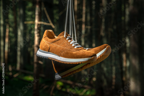 A pair of suede sneakers hanging in front of a forest background.