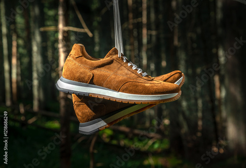 A pair of suede sneakers hanging in front of a forest background.