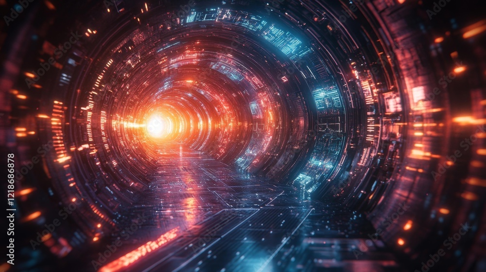 Glowing cyberpunk tunnel with high-tech patterns and lights. Generative AI Glowing cyberpunk tunnel with high-tech patterns and lights. Generative AI