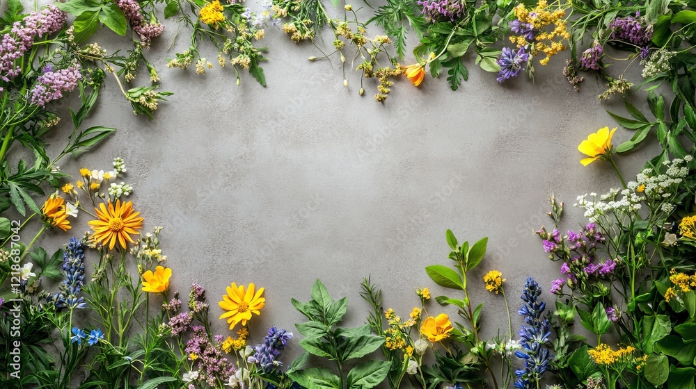 Fototapeta premium Vibrant Circle of Colorful Flowers Elegantly Arranged on a Textured Concrete Surface Creating a Beautifully Harmonious Blend of Nature and Urban Elements in an Artistic Floral Display