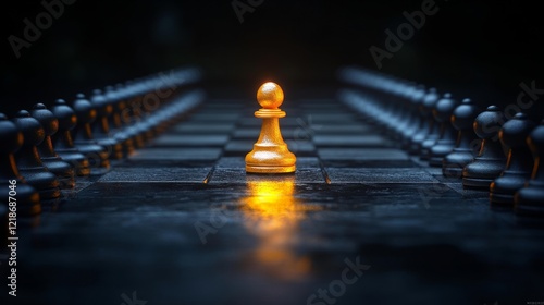 Golden chess piece surrounded by black pawns in dark atmosphere. Generative AI