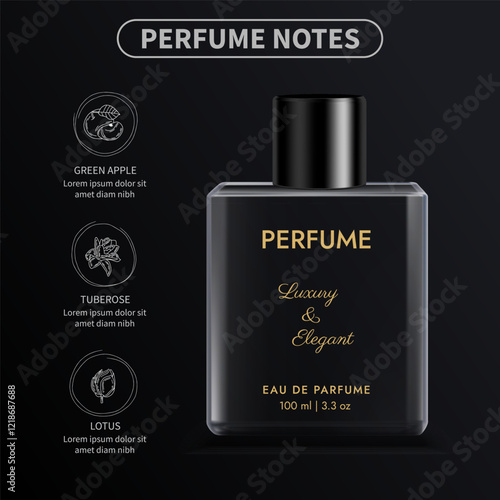 Elegant perfume glass bottle mockup with icon notes
