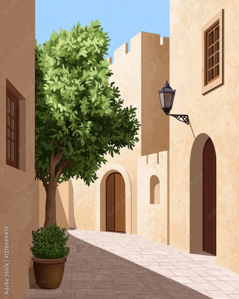 Obraz premium serene narrow alley with tree, stone walls, and lantern, evoking tranquility