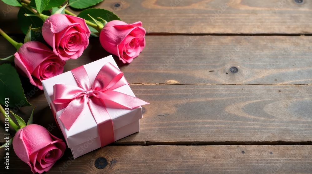 A Delicate Pink Gift Box Adorned with a Ribbon, Surrounded by Freshly Cut Roses on a Wooden Surface A Delicate Pink Gift Box Adorned with a Ribbon, Surrounded by Freshly Cut Roses on a Wooden Surface