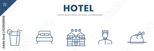 Hotel line Icon Set . Bathroom, bedroom. Vector Illustration 